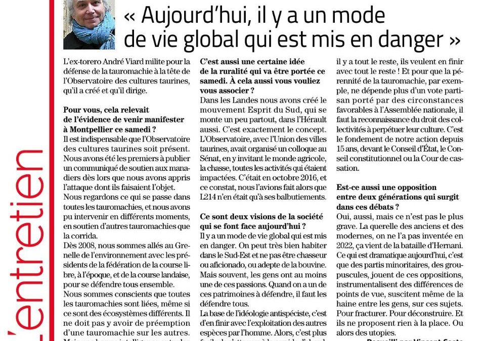 “Aujourd’hui il y a un mode de vie global qui est en danger” , André Viard dans Midi Libre ( 11 février 2023)